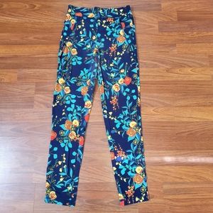 Slimming Options Floral Print Legging Size S Blue